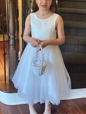Elegant Ivory Girls' Tulle Party Dress with Pearl Detail